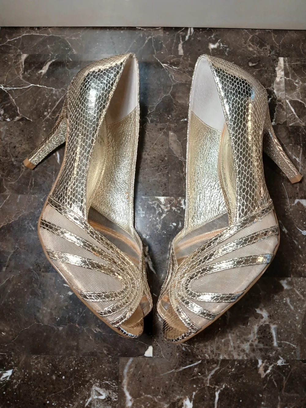Adrianna Papell Gold Metallic Snake-Texture Peep-Toe Heels